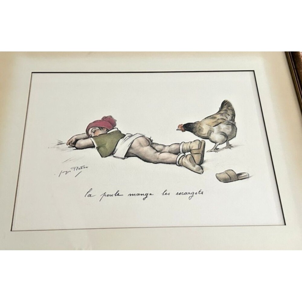 Vtg Jules Georges Redon Print La Poule Mange les Escargots Hen Eats The Snail